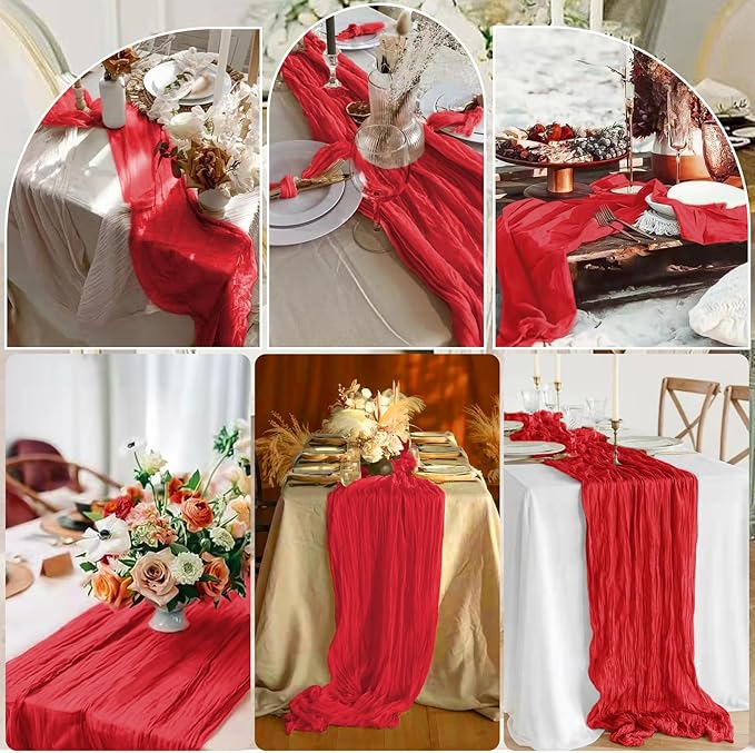 10 Pcs Red Cheesecloth Table Runner 10FT, Gauze Table Runner for Wedding Reception Sheer Bridal Shower Birthday Party Boho Table Decoration, Rustic Romantic Wedding Runner