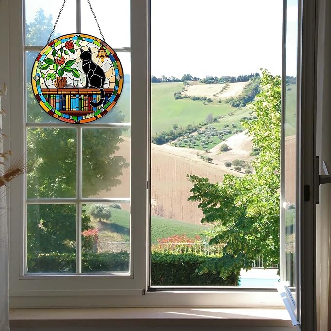 Cat Sun Catcher Stained Glass Window Hanging Book Lover Gifts for Women Book Wall Decor Handmade Sun Catcher Black Cat Sitting On Bookshelf Decoration for Home Room Housewarming Gifts