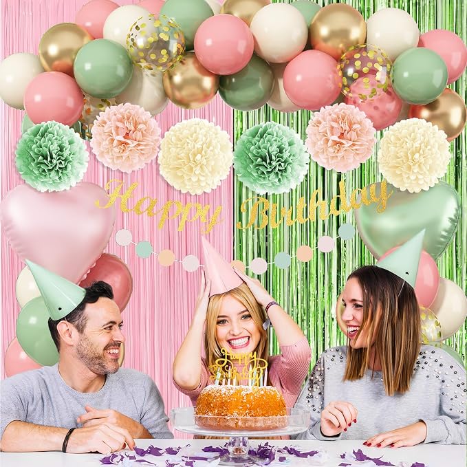 Jobkoo Sage Green Pink Birthday Decorations, Blush Pink Olive Green Gold Sand White Latex Confetti Balloons Boho Happy Birthday Banner Fringe Curtain Pompom for Women Girls Woodland Fairy Party Decor