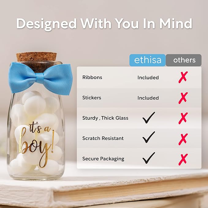 Ethisa Vintage 12 Pack It's a Boy Milk Glass Bottles with Ribbons and Stickers - Classy Baby Shower Favors for Guests and Table Centerpieces - Gender Reveal Boy Decorations - Baby Shower Candy Jar