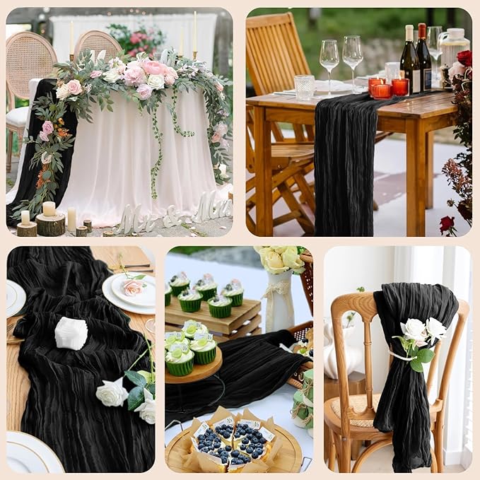 6PCS Table Runner Cheesecloth 10FT Black Boho Gauze Cheese Cloth Rustic Sheer Table Runners for Wedding Birthday Bridal Baby Shower Party Decoration