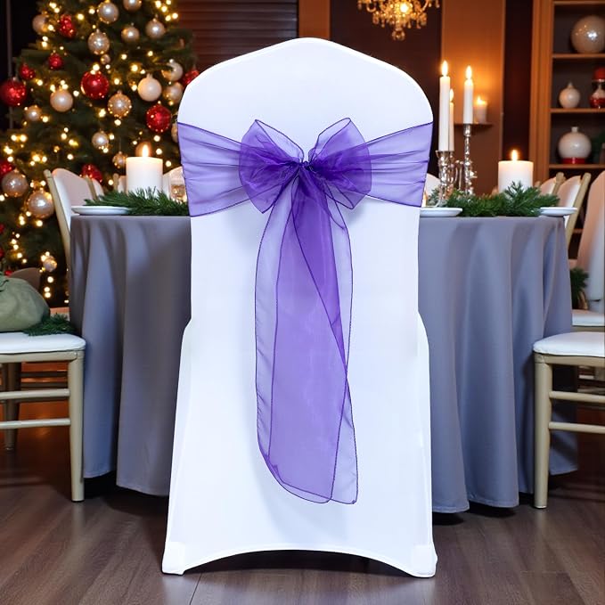MDS® Pack of 200 Organza Chair Sashes for Wedding Decoration, Reusable Sheer Chair Bows for Banquet Chair Cover, Reception, Bridal Shower, Baby Shower, Birthday Party & Special Events - Purple