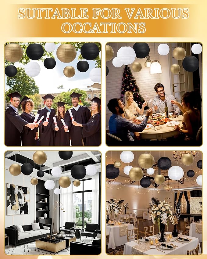 Treela 48 Pcs Paper Lanterns Party Decorations Chinese Round Paper Decor 4/6/8/10 Inch Asian Hanging Lamps Decorative for Graduate Wedding Birthday Party Bridal Parties Supplies(Gold,Black)