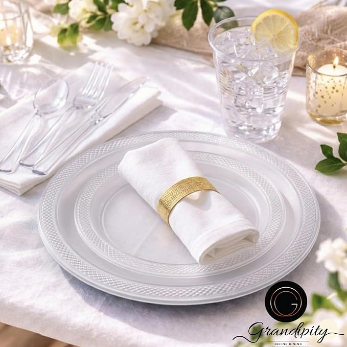 350 Piece Frost & Clear Disposable Dinnerware Set 50 Guests, Plastic Party Plates And Cups And Napkins Sets - 50 Count 9" Dinner Plates, 7" Dessert Plates, 12oz Cups, Paper Napkins,Forks-Knives-Spoons