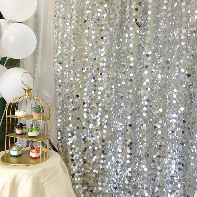 9FTx10FT Silver Sequin Backdrop 1 Panel,18MM Large Payette Sequins Backdrop, Glitter Photobooth Props for Christmas Party Wedding Birthday