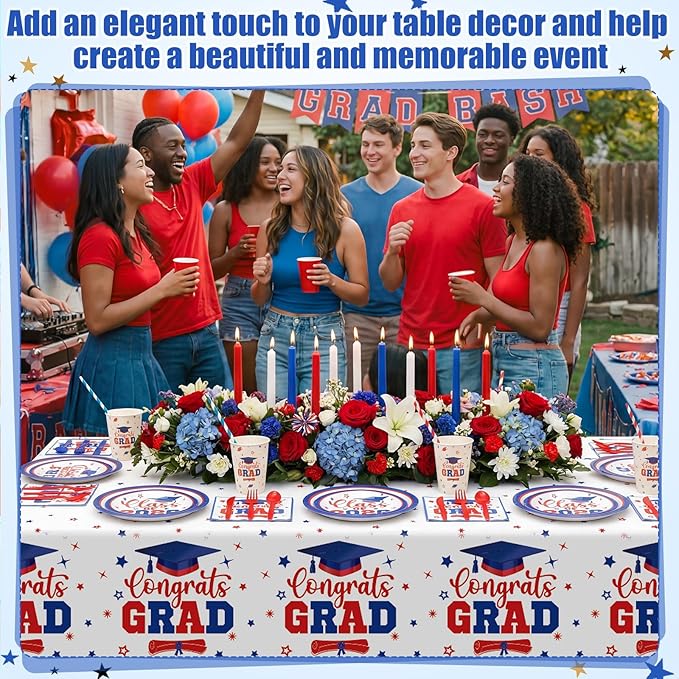 Funnymoom 452 Pcs Class of 2026 Red White Blue Graduation Party Decoration for 50, Red Blue Graduation Paper Plates Napkins Cups Tablecloth Cutlery Straw for College School Congrats Grad Party Supply