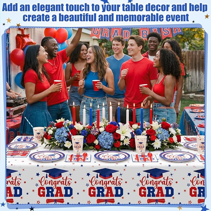 Funnymoom 452 Pcs Class of 2026 Red White Blue Graduation Party Decoration for 50, Red Blue Graduation Paper Plates Napkins Cups Tablecloth Cutlery Straw for College School Congrats Grad Party Supply