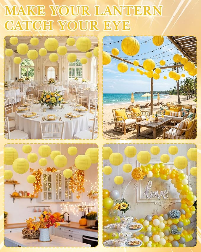 Treela 48 Pcs Paper Lanterns Party Decorations Chinese Round Paper Decor 4/6/8/10 Inch Asian Hanging Lamps Decorative for Graduate Wedding Birthday Party Bridal Parties Supplies(Yellow)
