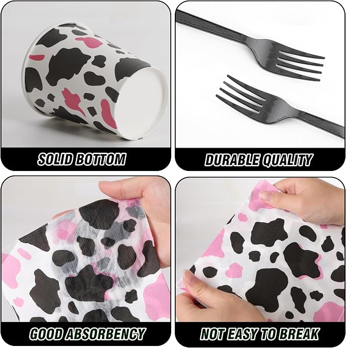 400 Pcs Disposable Pink Cow Print Tableware Set for 50 Guests | Heavy-Duty 7" & 9" Paper Plates, Cups, 13" Napkins & Plastic Cutlery for Cow Birthday, Farm and Western Party Supplies