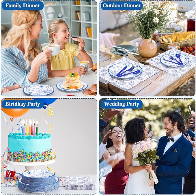 Funnymoom 400 Pcs Blue Floral Party Supplies for 50 Guests Blue Flower Disposable Plates Napkins Cups Spoons Forks Knives for Wedding Garden Tea Party Bridal Shower Baby Shower