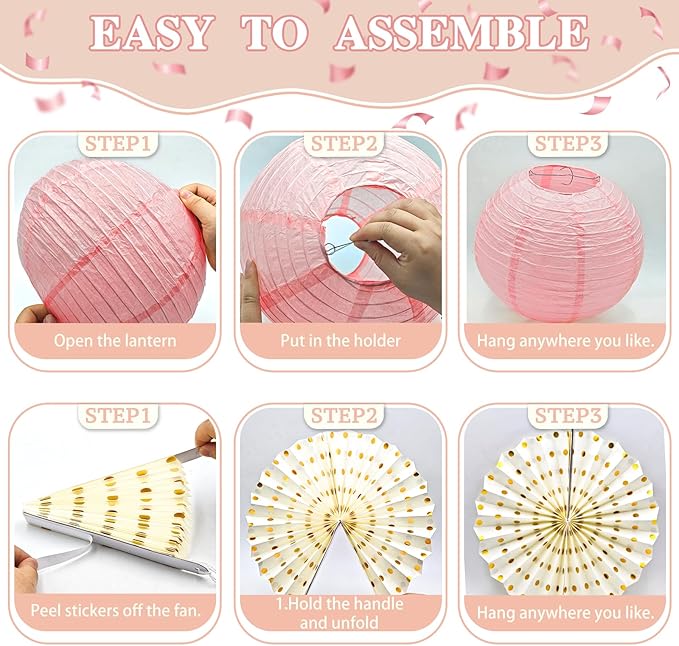 ADLKGG Champagne Gold Pink Party Decorations, 14 Pcs Hanging Paper Fans, Lanterns, Pom Poms, Neutral Boho Backdrop for Baby Shower, Birthday, Bridal Shower, Wedding, Spring Party