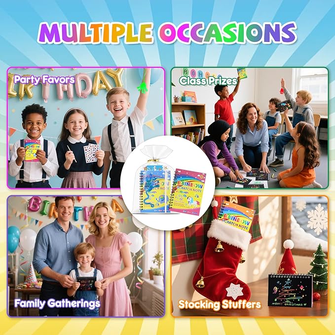 JMMICO 48*3 Packs Scratch Art Notebook+Sticky Hands+Stickers,Easter Party Favors for Kids 4-8-12,Return Gifts for Birthday Party Bulk Toys,Goodie Bags Stuffers, Classroom Prizes Students Gifts