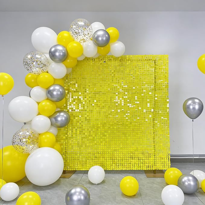 COKAOBE Yellow Shimmer Wall Backdrop, 24PCS Square Sequin Shimmer Backdrop Panel, Photo Backdrops for Birthday, Anniversary, Wedding, Graduation & Bachelorette Party Decoration
