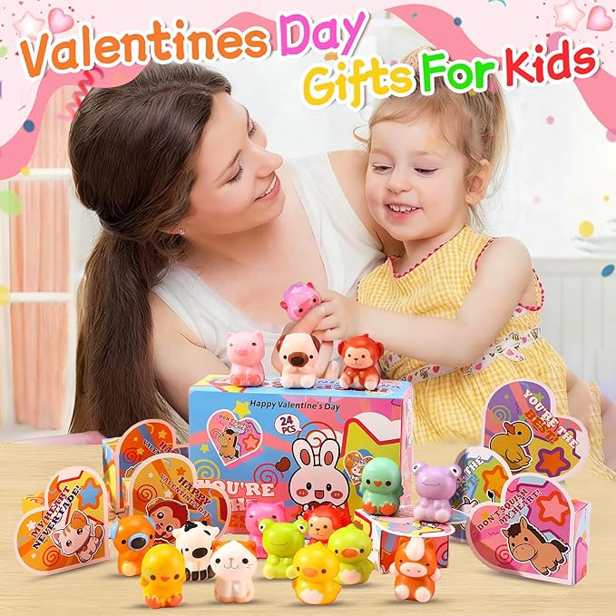 Valentines Day Gifts for Kids, 24PCS Animal Squishies with to from Valentine Cards Box, School Classroom Exchange Party Favors