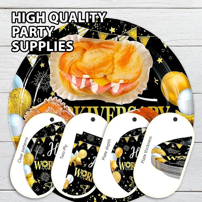168Pcs Happy Workiversary Party supplies for Men Women, Serves 24 | Black Gold Happy Work Anniversary Plates and Napkins Cups Tableware Set for Worker Employee Appreciate Office Decorations
