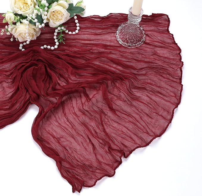 12 Pack Burgundy Cheesecloth Table Runner 10Ft Gauze Red Cheese Cloth Runner 35x120 Inch Boho Rustic Fabric for Holiday Party Decor Baby Shower Wedding Decorations