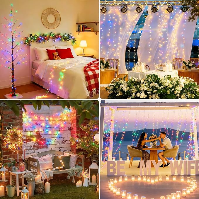 Connectable 2Pack String Lights Indoor, 66FT 200LED String Lights, 13Modes Twinkle Fairy Lights Plug in Outdoor Waterproof, Multicolor Clear Wire Light for Christmas Tree, Wedding Yard, Party Decor