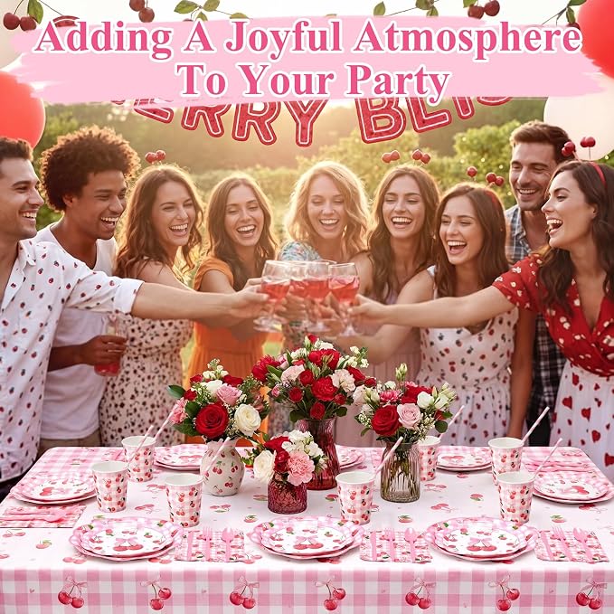 LemonRoad 452 Pcs Cherry Birthday Decorations for 50, Pink Bows Paper Plates Napkins Cups Tablecloth Cutlery Straws Bowknot Disposable Tableware for Fruit Cherry Birthday Baby Shower Party Supplies