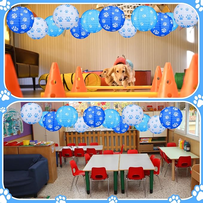 Panelee 12 Pcs Dog Paw Print Paper Lanterns Puppy Themed Party Decorations Blue and White Pet Paw Print Round Hanging Lanterns 8 Inch for Dog Birthday Party Decorations Supplies Indoor Outdoor