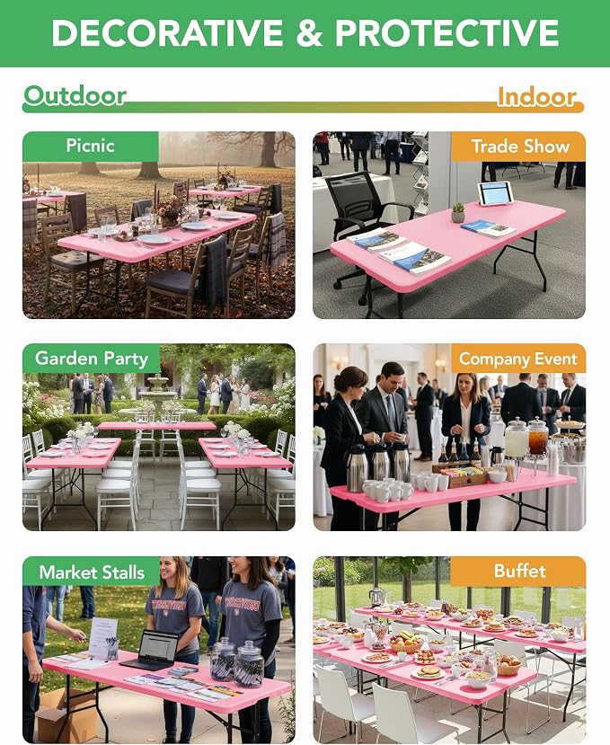 KeyWave Fitted Tablecloth Rectangle Table Cloths - 6 Pack 8 Foot Elastic Stretch Folding Table Top Cover Water-Resistant Reusable for Outdoor Picnic Camping Party Event, Dark Pink, 96" L x 30" W