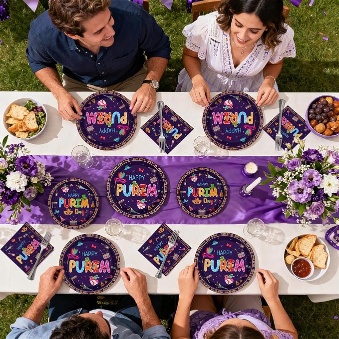 200Pcs Happy Purim Party Decoration Jewish Purim Plates and Napkins Circus Clown Hat Elements Disposable Paper Tableware Set for Jewish Carnival Holiday Festival Party Supplies Serves 50