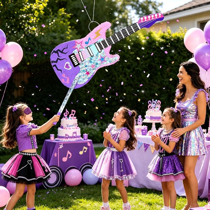 WERNNSAI 28" Guitar Piñata for Kpop Birthday Decorations, Party Game | Kpop Party Favors, Girl Birthday Decorations, Music Party Favors, Piñata with Stick and Blindfold