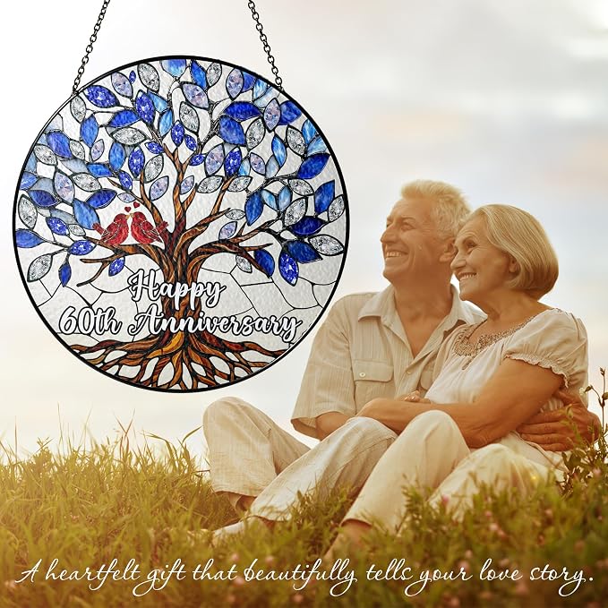 60th Wedding Anniversary Stained Glass Suncatcher, 6x6' Diamond Anniversary Decorations, 60th Celebration Marriage Gifts for Parents, Couple, Wife & Husband, 60 Wedding Milestone Keepsake