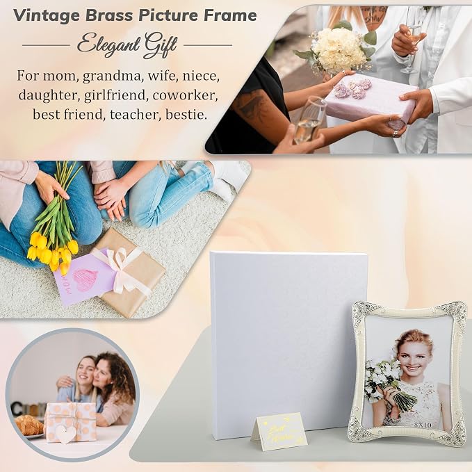 8x10 Vintage Metal White Picture Frame Silver Border Floral Fancy Antique Photo Frame Ornate Gold Frame Tabletop or Wall Art Display, Clear HD Glass Front, Wedding Frame Gifts for Couples Women
