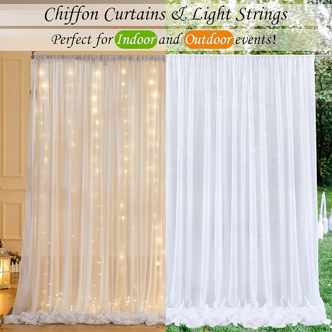 10ft x 7ft White Chiffon Backdrop Curtain with Lights String for Parites Wedding Wrinkle Free Curtain Photo Backdrops Drapes for Baby Shower Birthday Party Home Decorations