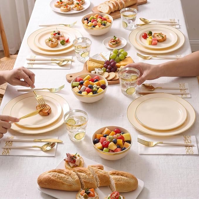 350 PCS lvory Plastic Dinnerware Set, lvory and Gold Rim Disposable Plates for Party, Include 100 lvory Plates with 150 Plastic Cutlery, 50 Napkins and 50 Cups