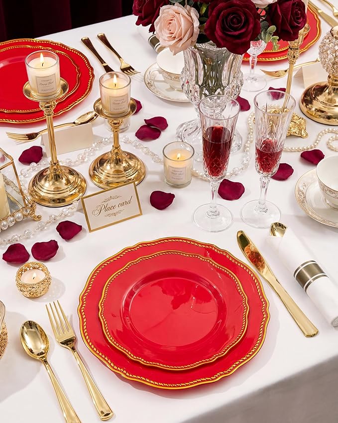 Hioasis 350pcs Red Gold Plastic Plates - Red Plastic Dinnerware Set Includes 50 Dinner Plates, 50 Dessert Dinnerware, 50 Cups, 50 Pre-rolled Napkins Perfect for Wedding & Party &Mother’s Day