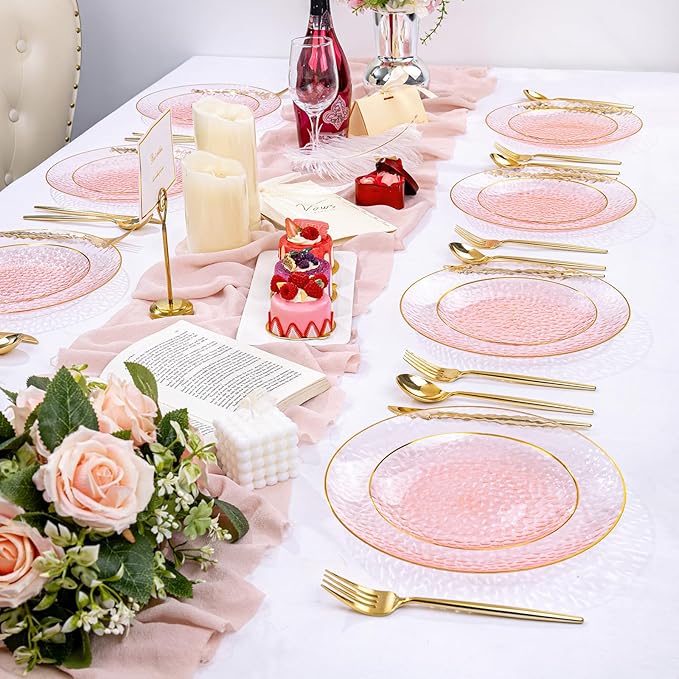 Rubtlamp 100Pcs Clear Pink Gold Plastic Plates, Pink Disposable Plates With Gold Rim, Hammered Plastic Plates Include 50 Clear Dessert Platos, 50 Dinner Platos for Party