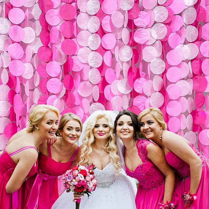 205Ft Hot Pink Party Decorations Big Polka Dots Backdrop Garland Rose Pink Circle Dots Tissue Paper Hanging Curtain Streamer for Bachelorette Birthday Bridal Shower Wedding Engagement Party Supplies