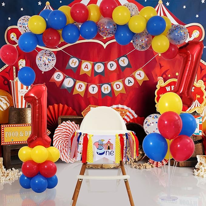 Circus Carnival First 1st Birthday Decorations for Boy Carnival One High Chair Banner with 60PCS Red Yellow Blue Balloons, Cake Topper, Number 1 Balloon, Crown & Banner for One Year Old Boy Party