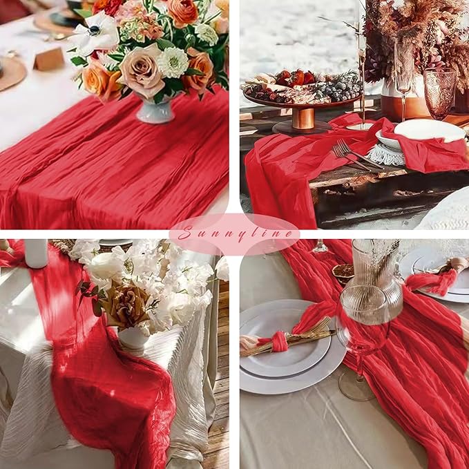 Red 12 Pieces 35 x 120 Inches Long Cheesecloth Table Runner Gauze Fabric 10Ft Boho Table Runner Rustic Sheer Runner for Wedding Baby Bridal Shower Birthday Holiday Party Table Arbor Decor (Red)