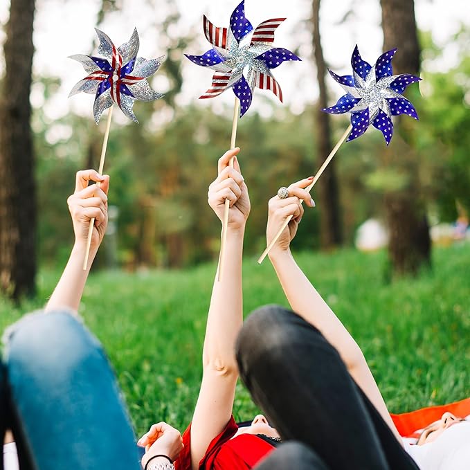 HOOSUN 10 Pcs 4th of July Pinwheels for Yard and Garden 4th of July Decorations,American Flag Patriotic Pinwheels to Scare Birds Away,Red White Blue Reflective Wind Spinners,Memorial Day Decorations