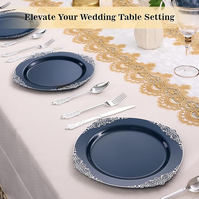Goodluck 100PCS Navy Blue Plastic Plates with vintage silver trim – 10.25” Heavy Duty Disposable Dinner Plates & Party Plates for Weddings, Parties, Events – Elegant, Sturdy
