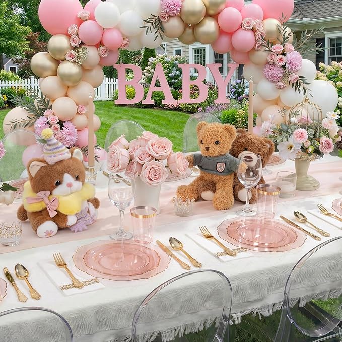 KIRE 210Pcs Clear Pink Plastic Plates with Gold Rim - Disposable Pink Plates for Party - 30 for Dinner 30 for Dessert 90 Silverware 30 Napkins 30Cups for Upscale Wedding/Party/Baby Shower/Mother's Day