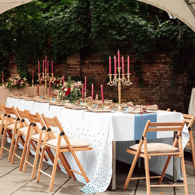 16Pack Disposable Plastic Tablecloths and Satin Table Runner Set White and Light Blue Dot Tablecloth Blue Satin Table Runner for Wedding Birthday Baby Shower Anniversary Engagement Xmas Party Supplies