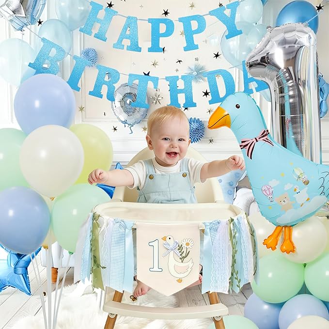 One Funny Goose High Chair Banner for Boys - Blue 1st Birthday Yarn Tassel Banner, Cute Goose Theme Decor for Boys' First Birthday Party