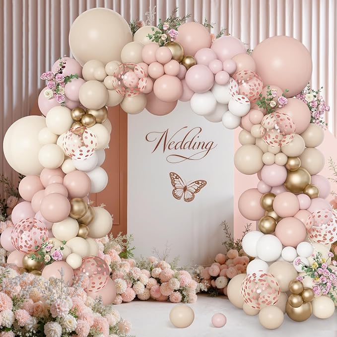 Amandir 173Pcs Boho Dusty Pink Balloon Arch Garland Kit, Neutral Baby Pink Ivory White Sand Nude Rose Gold Confetti Balloons for Monther Day Shower Gender Reveal Wedding Birthday Party Decorations