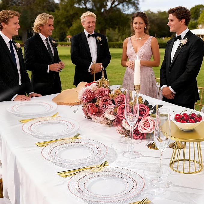HOMIP 60PCS Clear Plastic Plates with Rose Gold Stone Texture rim - Disposable Party Crystal Plates Include 30PCS 10" Dinner Plate & 30PCS 7" Dessert Plate Perfect for Wedding & Party
