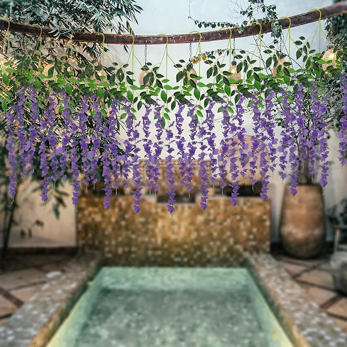 36 Pack Artificial Wisteria Hanging Flowers Fake Wisteria Flower Silk Vines Rattan Decor for Home Wedding Arch Wall Garden Greenery Bedroom Outdoor Office Party Decoration (Purple)