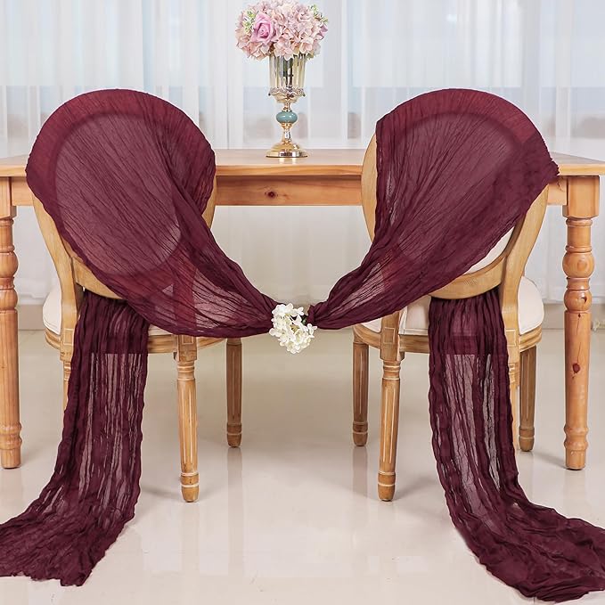Snowkingdom Burgundy Red Easter Spring Table Runner, 10 Ft Cheesecloth Gauze Rustic Boho Cheese Cloth Runner for Wedding Birthday Bridal Baby Shower Christmas Holiday Long Sheer Home Decorations