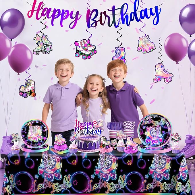 228pcs Roller Skating Party Supplies Tableware Set-Service 25, All-in-one Roller Skate Party Decorations Include 350gsm Plates Banner Napkins Cups Tablecloth Centerpiece Balloons