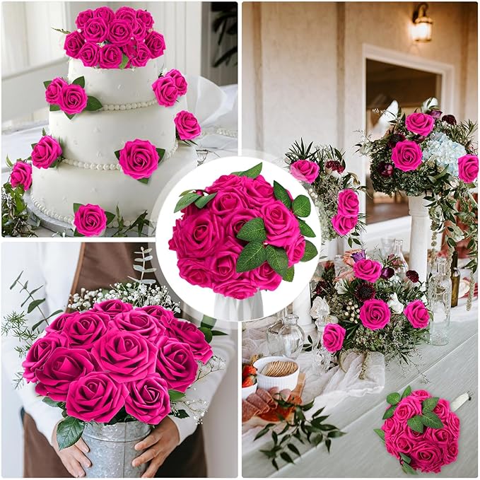 50 Pcs Artificial Foam Rose Flower Faux Bouquet Wedding Fake Rose Gift for Mother's Day Women DIY Bridal Shower Party Table Birthday Home Spring Decor (Hot Pink)