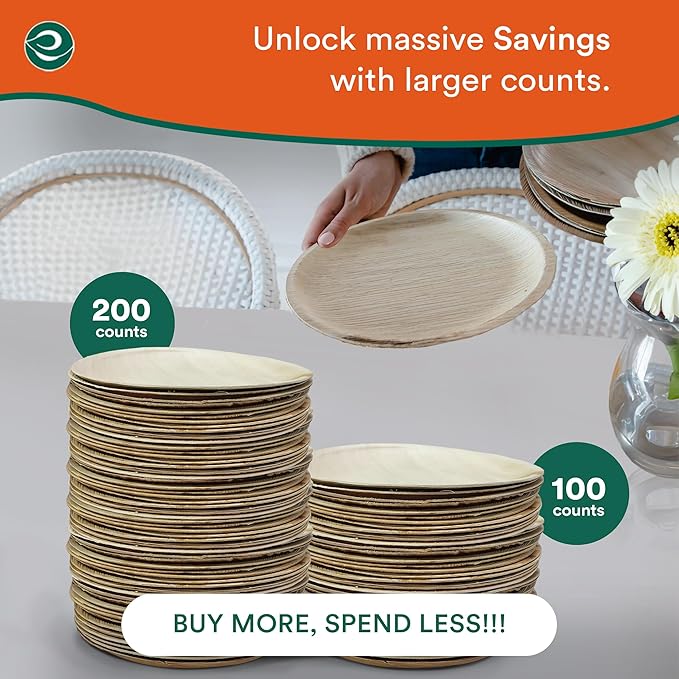 ECO SOUL Palm Leaf Like Bamboo Plates, 6 Inch Round, 100 Pack Bulk Disposable Appetizer & Dessert Tableware, Compostable Biodegradable Natural Wooden Small Party Plates for Wedding, Catering, Events