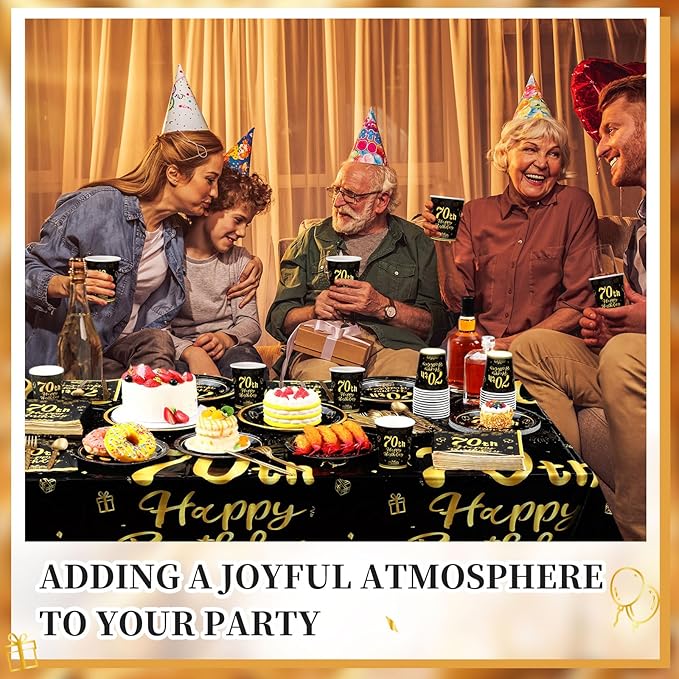 Funnymoom 452 Pcs 70th Birthday Party Decorations Set for Men Women, Black and Gold Happy 70th Birthday Paper Plates Napkins Cups Tablecloth Cutlery Straws Cheers to 70 Years Anniversary Party