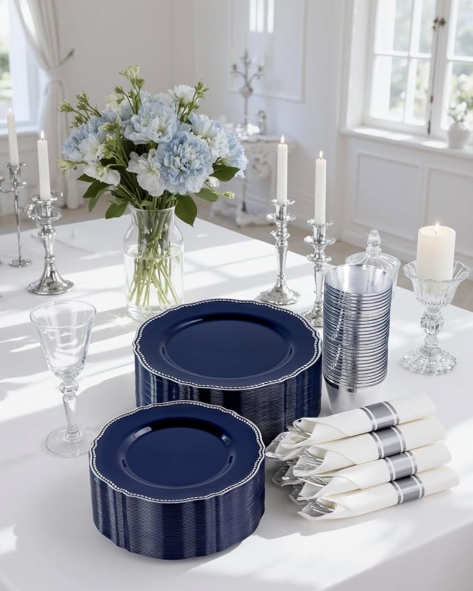 Hioasis 350pcs Blue Silver Plastic Plates - Silver Plastic Dinnerware Set Includes 50 Dinner Plates, 50 Dessert Dinnerware, 50 Cups, 50 Napkins Perfect for Wedding & Party & 4th ofJuly