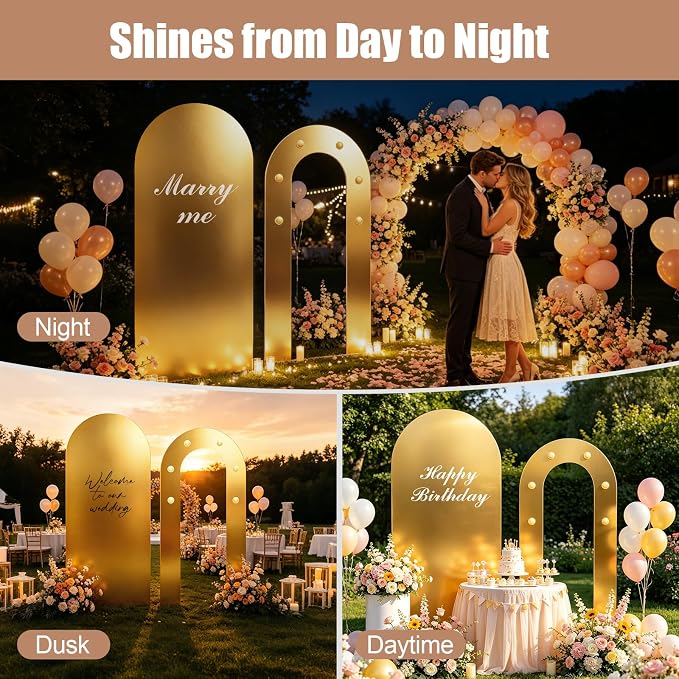 6FT Arch Backdrop with Stand Set, Lighted Arch Set, No-Tip Stability Glow Foam Board Photo Booth Background for Wedding Birthday Party Ceremony Baby Shower Banquet Decoration Reusable - GlossyGold
